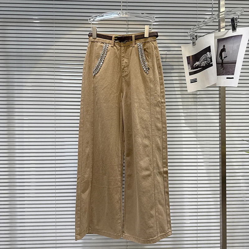 DEAT 2026 Spring New Street Style Rhinestone Pocket Belt Design Loose Wide-Leg Jeans For Women Straight Denim Pants 11A07800