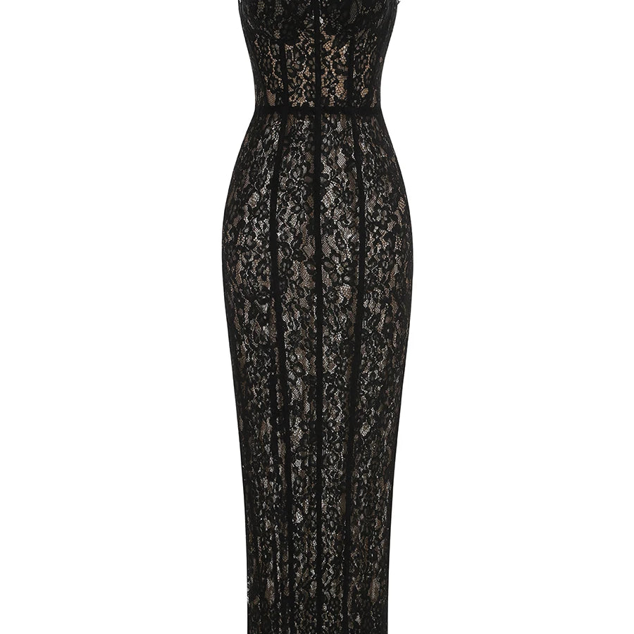 New Summer Black Women Sleeveless Sexy Strap Square Collar Lace Bodycon Mid-calf Dress Evening Party Celebrate Birthday Wear