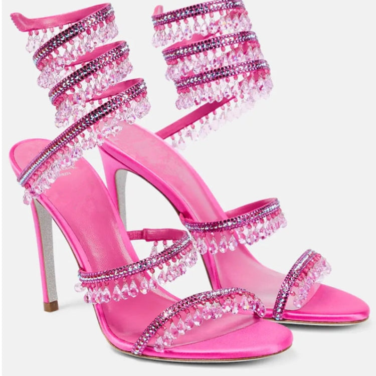Women's New Rhinestone Sandals Fashion Tassel Crystal Shoes Sexy Nightclub Banquet Party Twining Stiletto Women's Sandals rose red