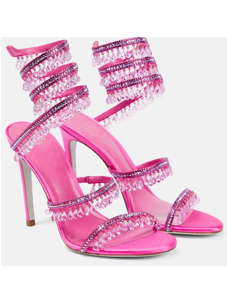 Women's New Rhinestone Sandals Fashion Tassel Crystal Shoes Sexy Nightclub Banquet Party Twining Stiletto Women's Sandals rose red