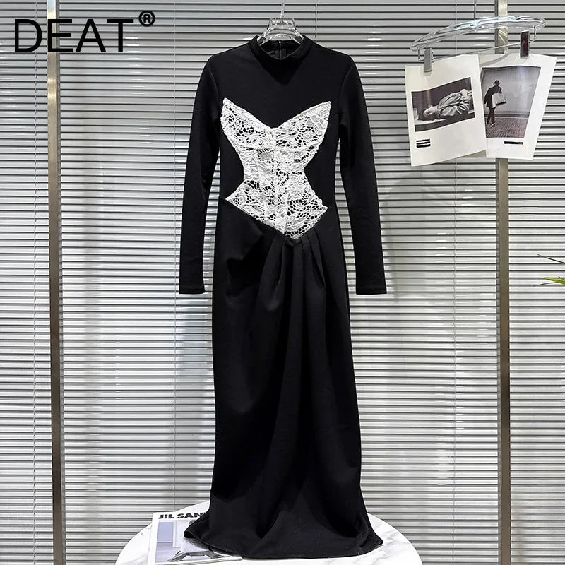 Winter New Fashion Lace Bikini Patch Slim Long T-Shirt Dress For Women Versatile Casual Dresses Female 11A07683