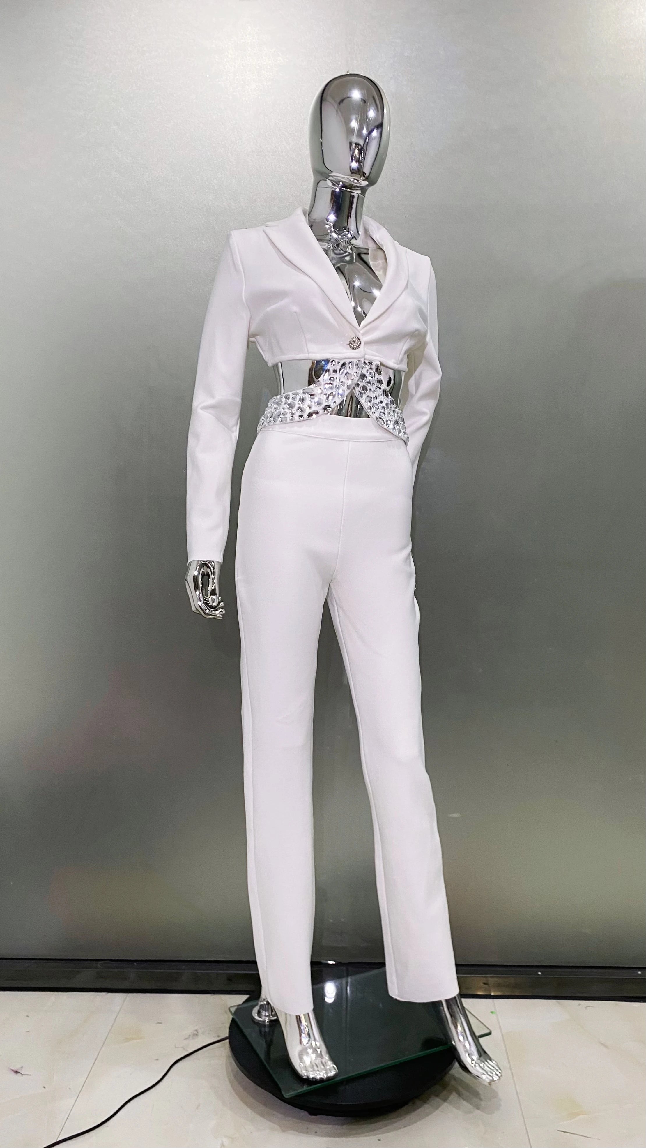 2024 Black White Women Long Sleeve Sexy V-Neck Bodycon Bandage Set Shinning Crystal Nightclub Party Women's Set