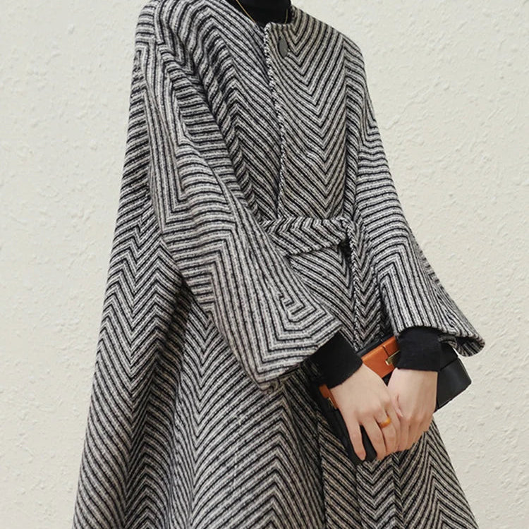 Autumn Winter Black and White Zigzag Woolen Coat Women Sashes A Line Loose Elegant Stylish Runway Korean Fashion 2022