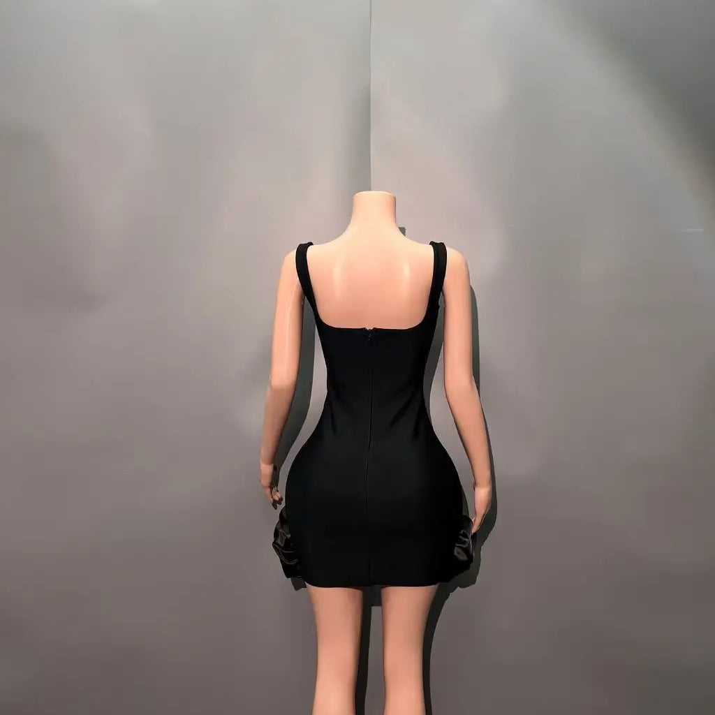 Women Sleeveless Sexy Square Collar Beading Bodycon Mini Bandage Dress Nightclub Party Celebrate Birthday Outfit Vestido