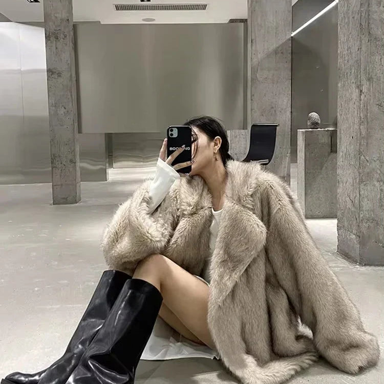 Lautaro Winter Loose Casual Thick Warm Soft Hairy Faux Fur Coat Women Luxury Furry Fluffy Jacket Korean Fashion gray