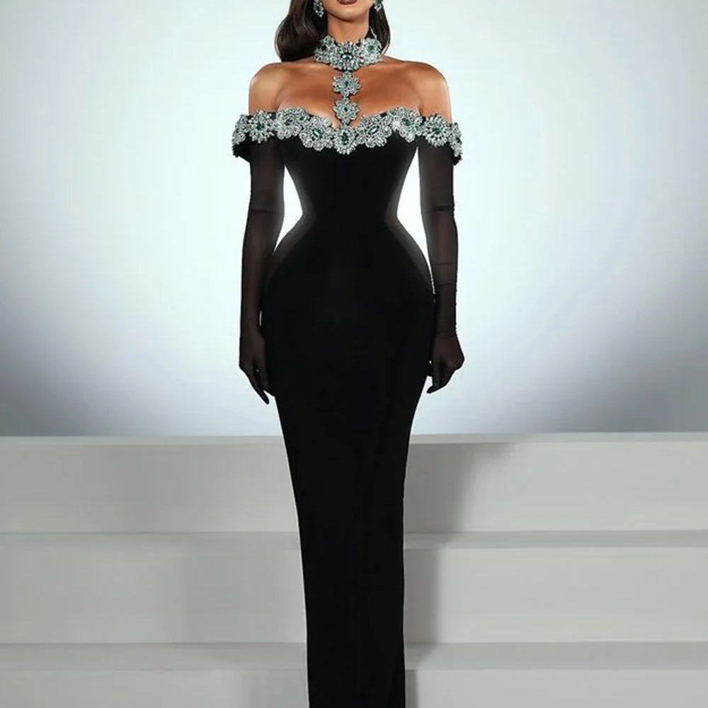 2025 Sexy Women Light Luxury Nail Bead Bandage Dress Hanging Neck Shoulder Short Sleeve Bodycon Long Dress Evening Party Vestido