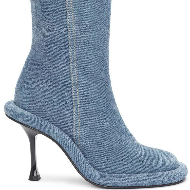 Spring and Autumn Women's New Slender High Heel Denim Short Boots Round Head Side Zipper Fashion Brand Women's Boots 296 Blue