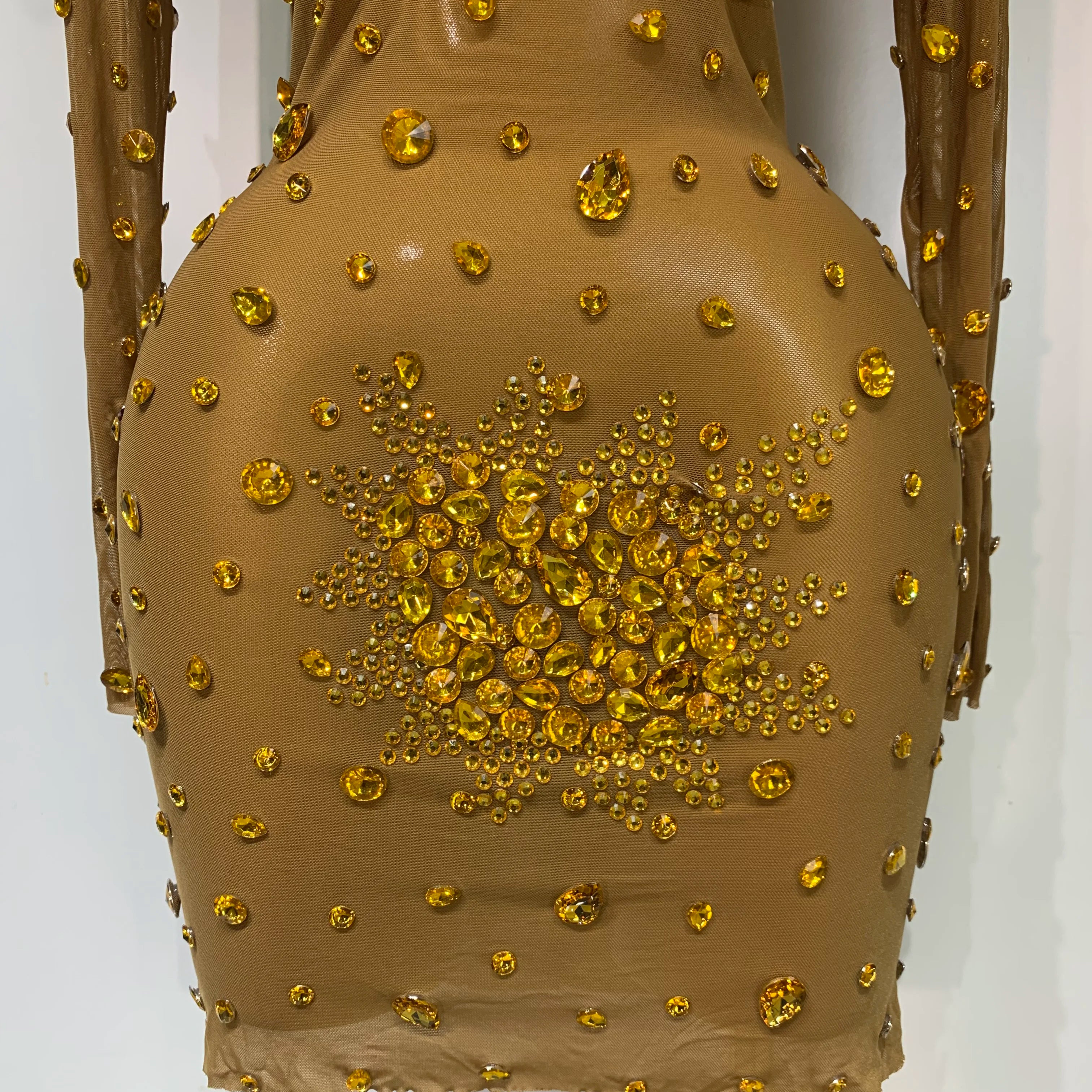 Women Sexy Gold Rhinestones Sparkly See Through Mini Dress Evening Party Fashion Performance Stage Outfit Luxury Birthday Dress