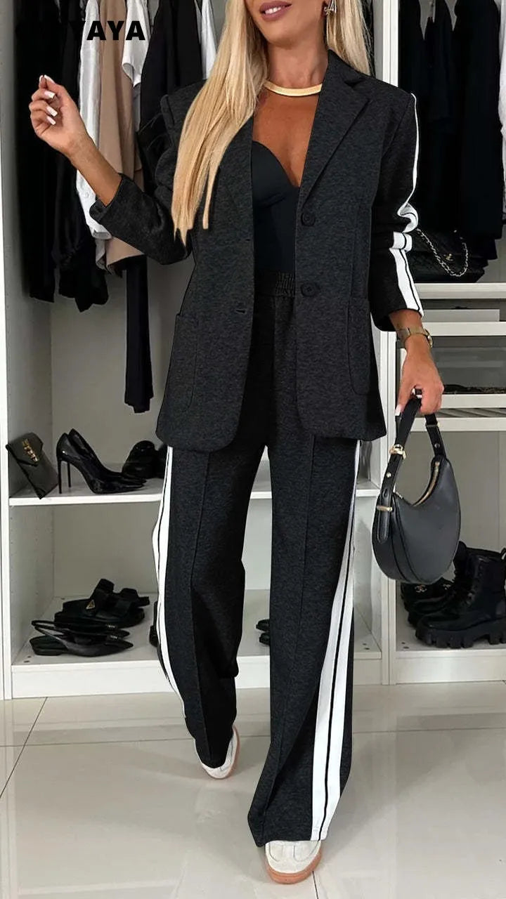 CM.YAYA Elegant Women Pants Suit and Long Sleeve Blazer Matching Set OL Streetwear Two 2 Piece Set 2024 Winter Ribbon Outfits