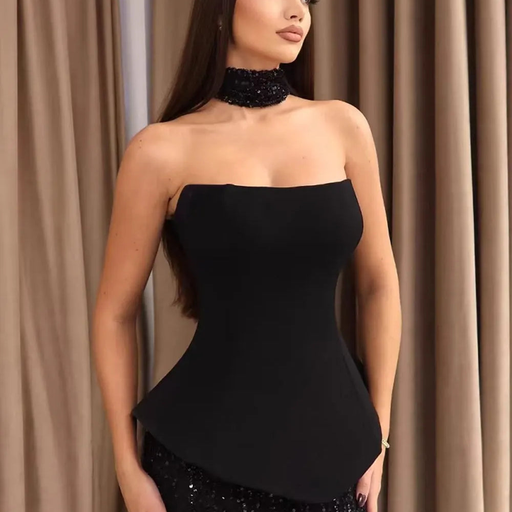 2025 Elegant Women's Light Luxury Dress+Strapless Sleeveless Bodycon Patchwork Long Dress Cocktail Evening Party Vestidos