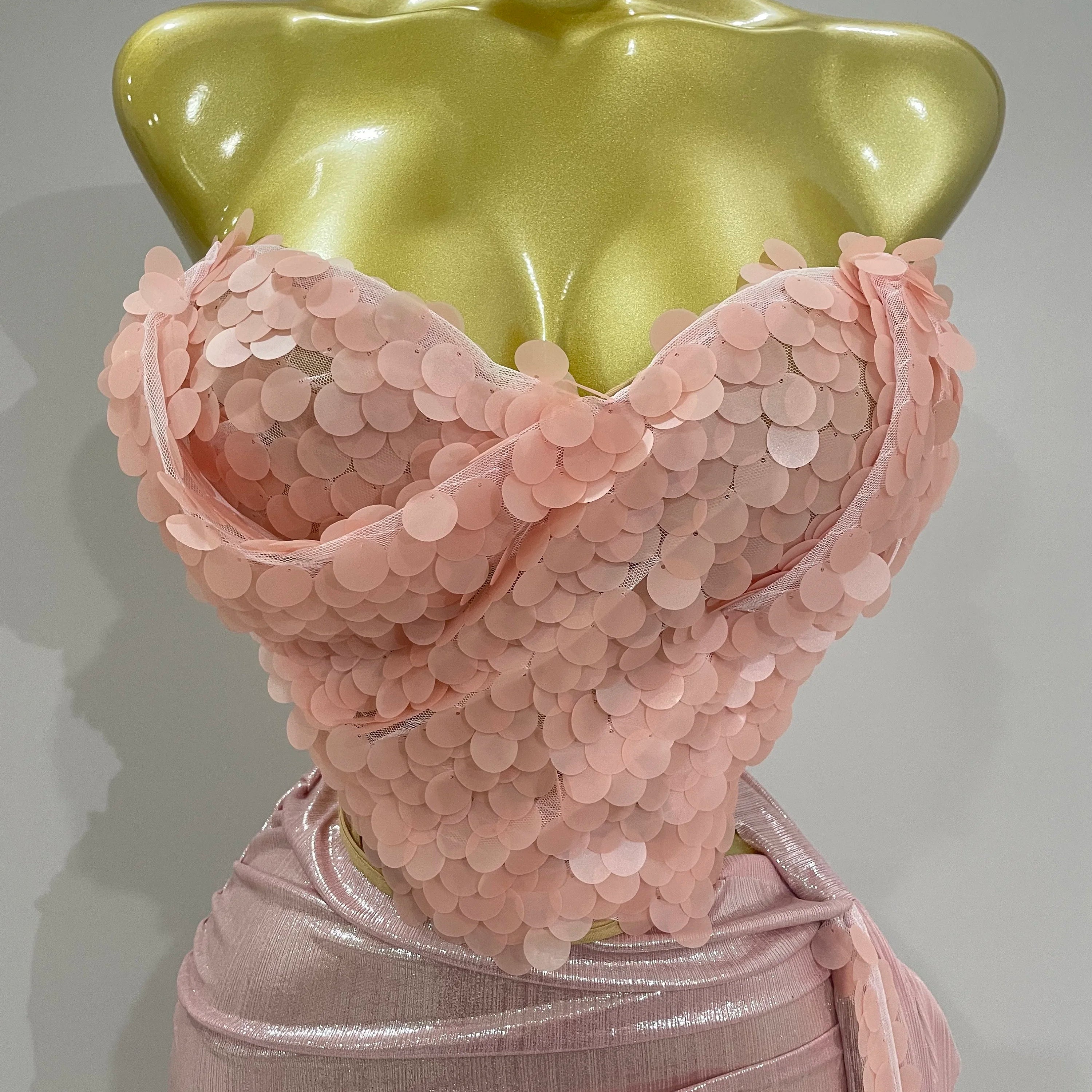 2025New Sexy Pink Sequin Strapless 2 Pieces Bodycon Mini Dress Women Celebrate Birthday Party Bar Singer Nightclub Stage Costume