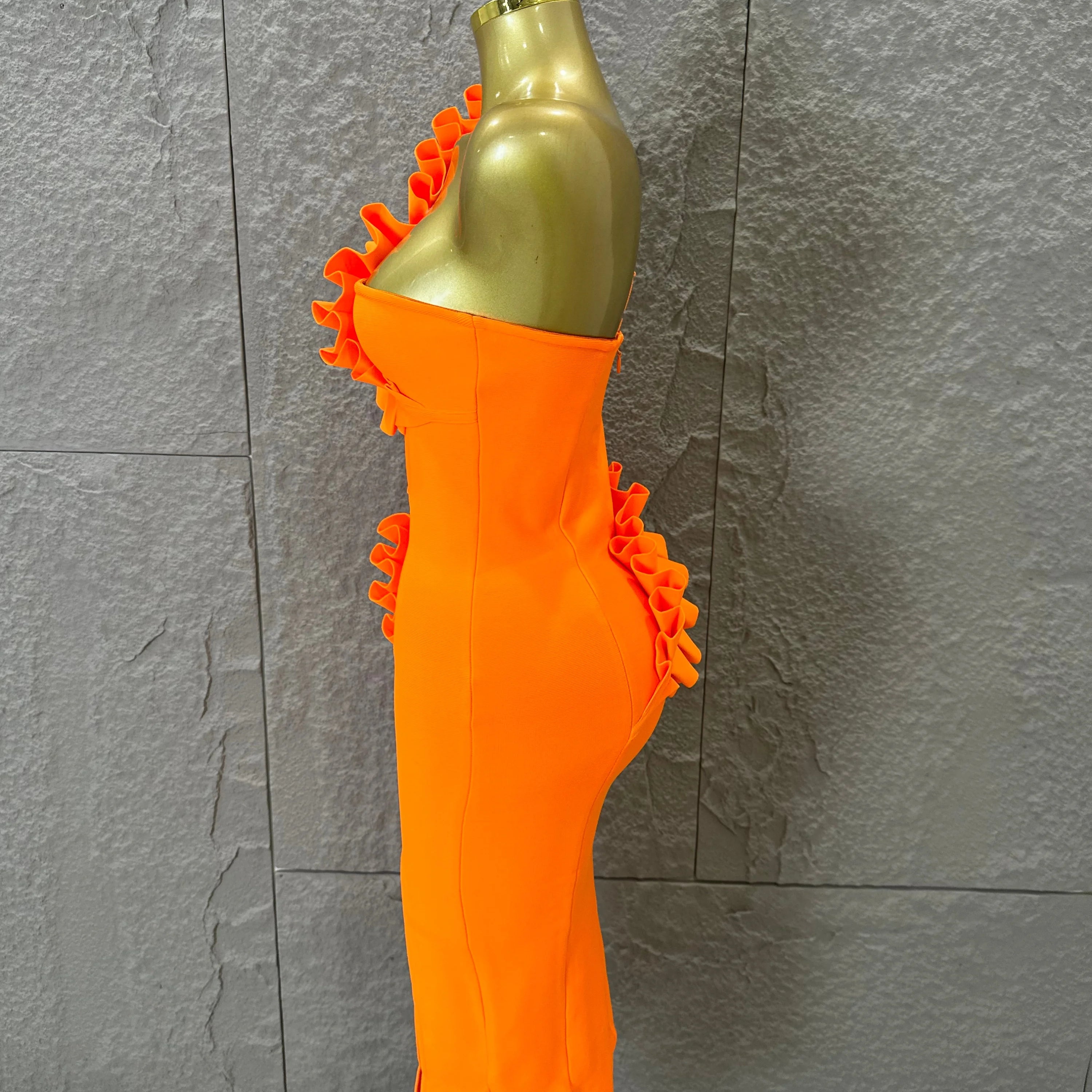 Sexy One-Shoulder Bodycon Midi Dress Women Sexy Ruffle Embellished Waist Cutout High Slit Outfit Evening Gala Party Costume