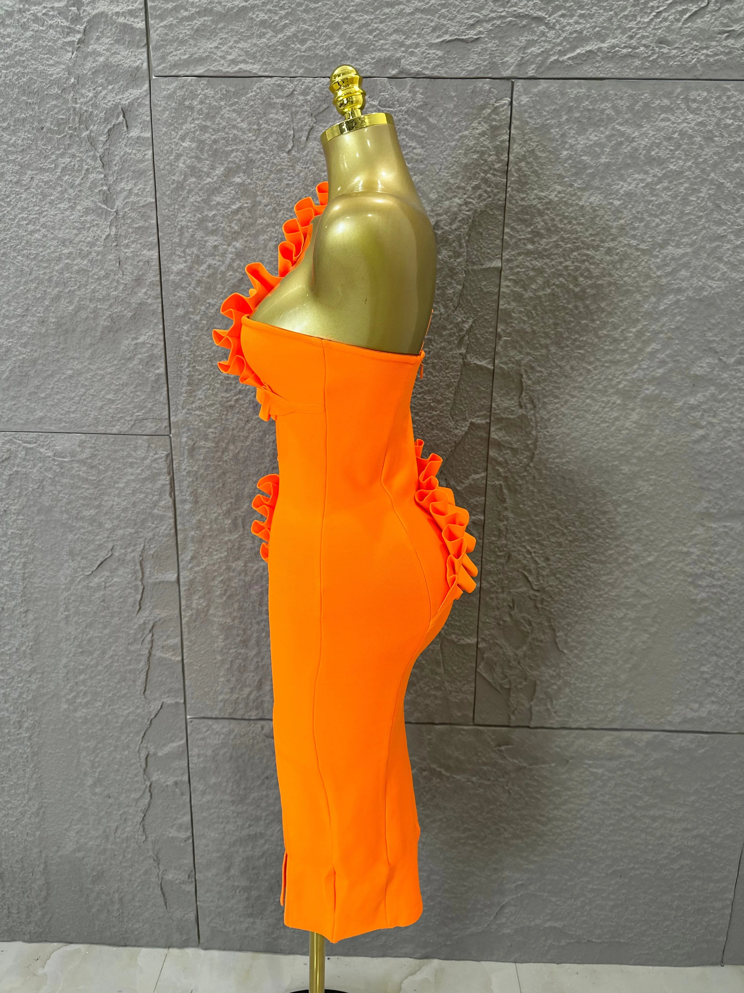 Sexy One-Shoulder Bodycon Midi Dress Women Sexy Ruffle Embellished Waist Cutout High Slit Outfit Evening Gala Party Costume
