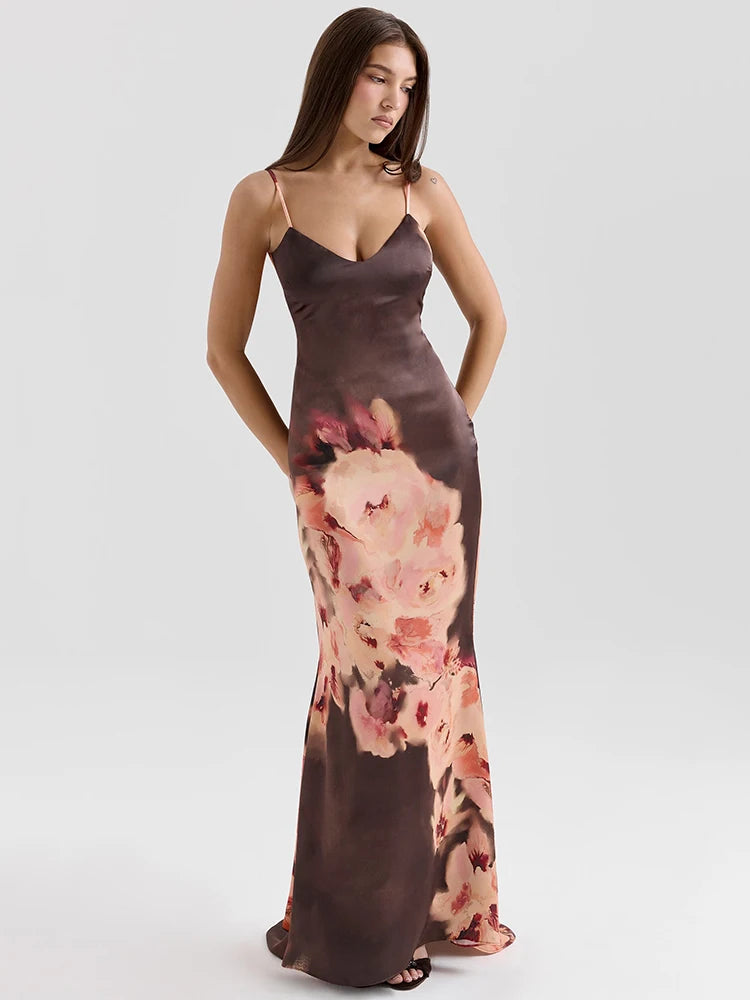 Mozision Satin Floral Print Sexy Maxi Dress Women Gown Elegant Spaghetti Strap Sleeveless Backless Bodycon Evening Club Dress black