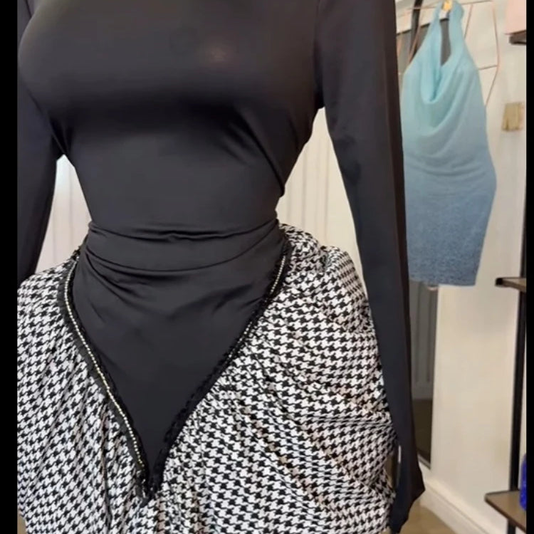 Women Houndstooth Stacked Ruched Side Long Sleeve Bodycon Midi Maxi Long Dress 2025 Birthday Vacation Sexy Party Dresses