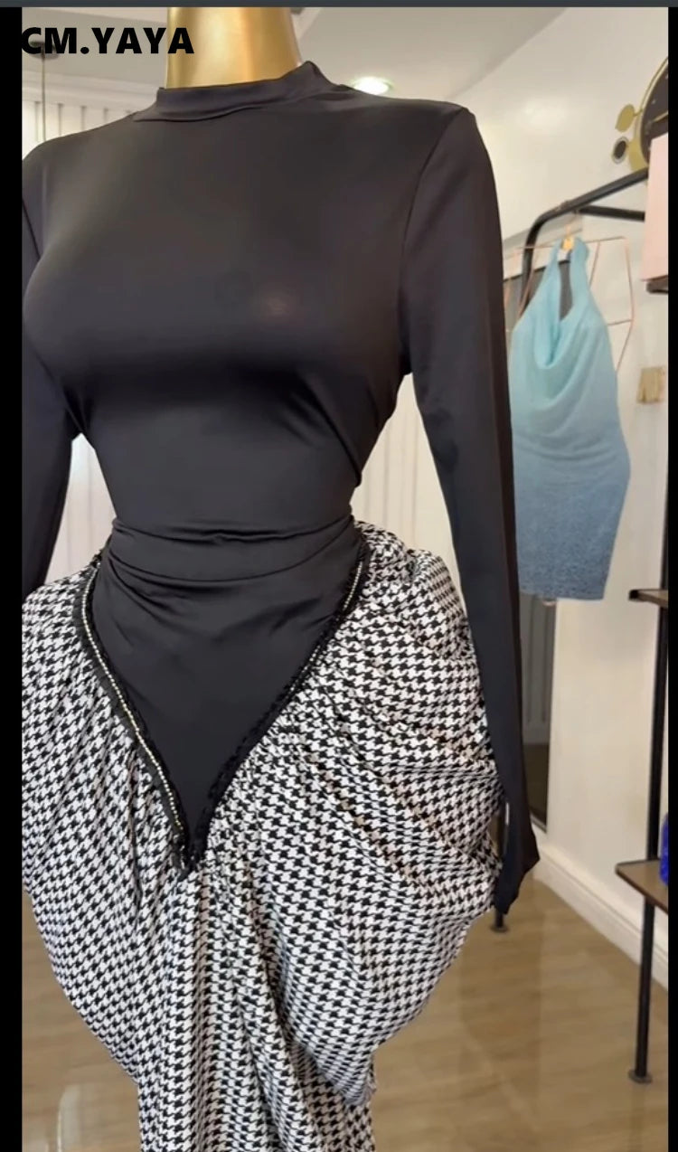 Women Houndstooth Stacked Ruched Side Long Sleeve Bodycon Midi Maxi Long Dress 2025 Birthday Vacation Sexy Party Dresses