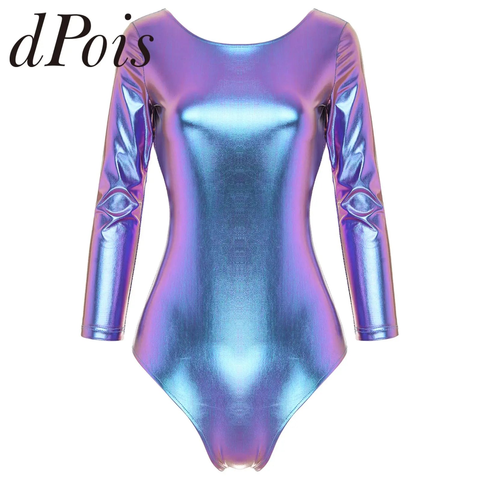 Swimwear for Women Shiny Metallic High Cut Bodysuit 3/4 Sleeve Open Back Skinny Leotard Swimsuit Gym Bodysuit for Pole Dance