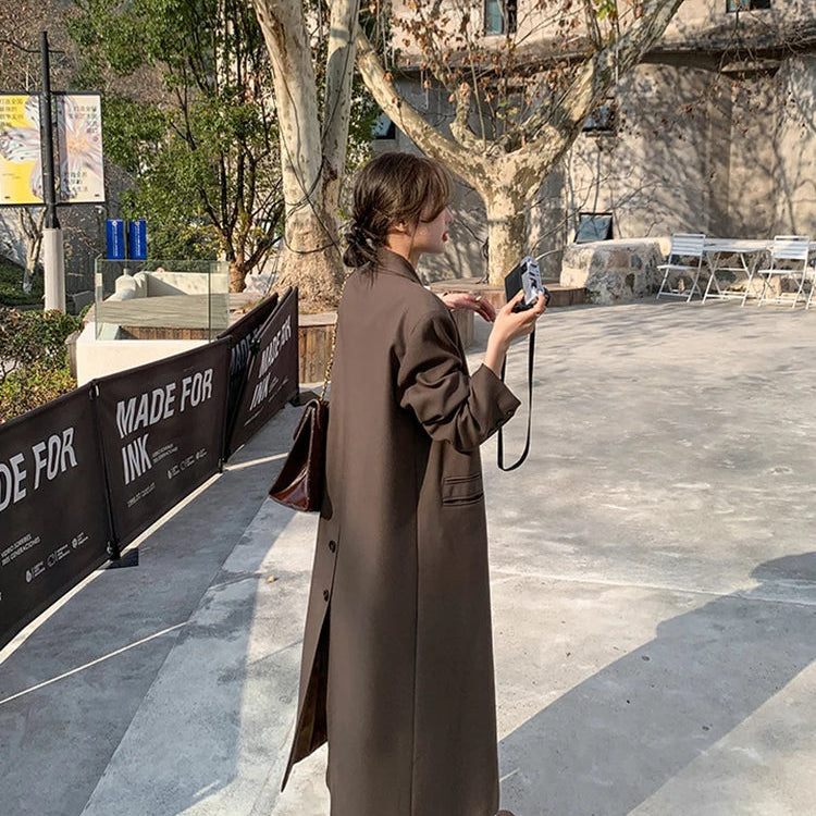 Autumn Long Coffee Flowy Blazer Coat Women with Back High Slit Double Breasted Loose Casual Korean Fashion Overcoat 2024