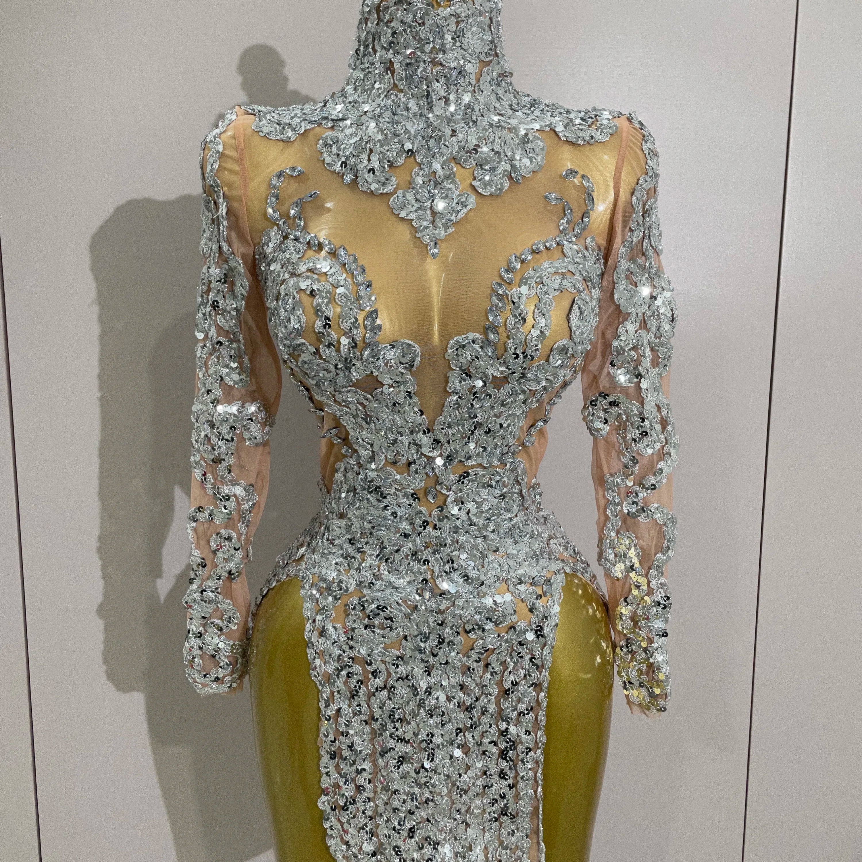 Luxury Sparkly Sequins Stretch Long Sleeve Mesh Mini Dress 2025 Women Birthday Party Nightclub Dancer Stage Performance Costume Silver