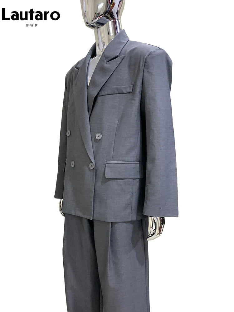 Lautaro Autumn Oversized Gray Blazers for Men Peaked Lapel Shoulder Pads Double Breasted Loose Luxury Designer European Clothes