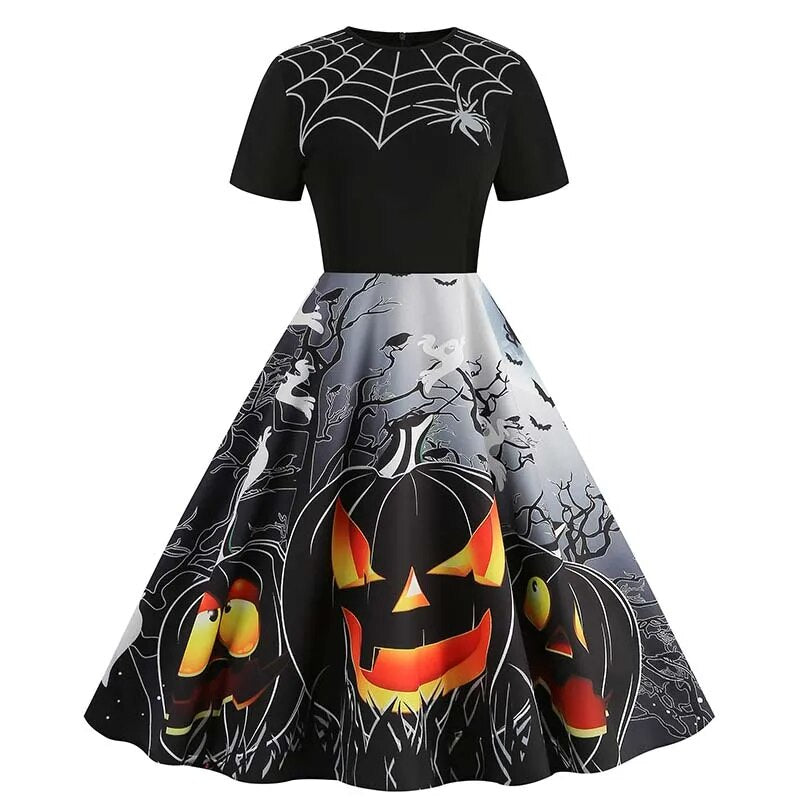 Women Halloween Costumes Dresses Short Sleeve Print 2024 Autumn Winter Vintage Party Dress Vestidos 002