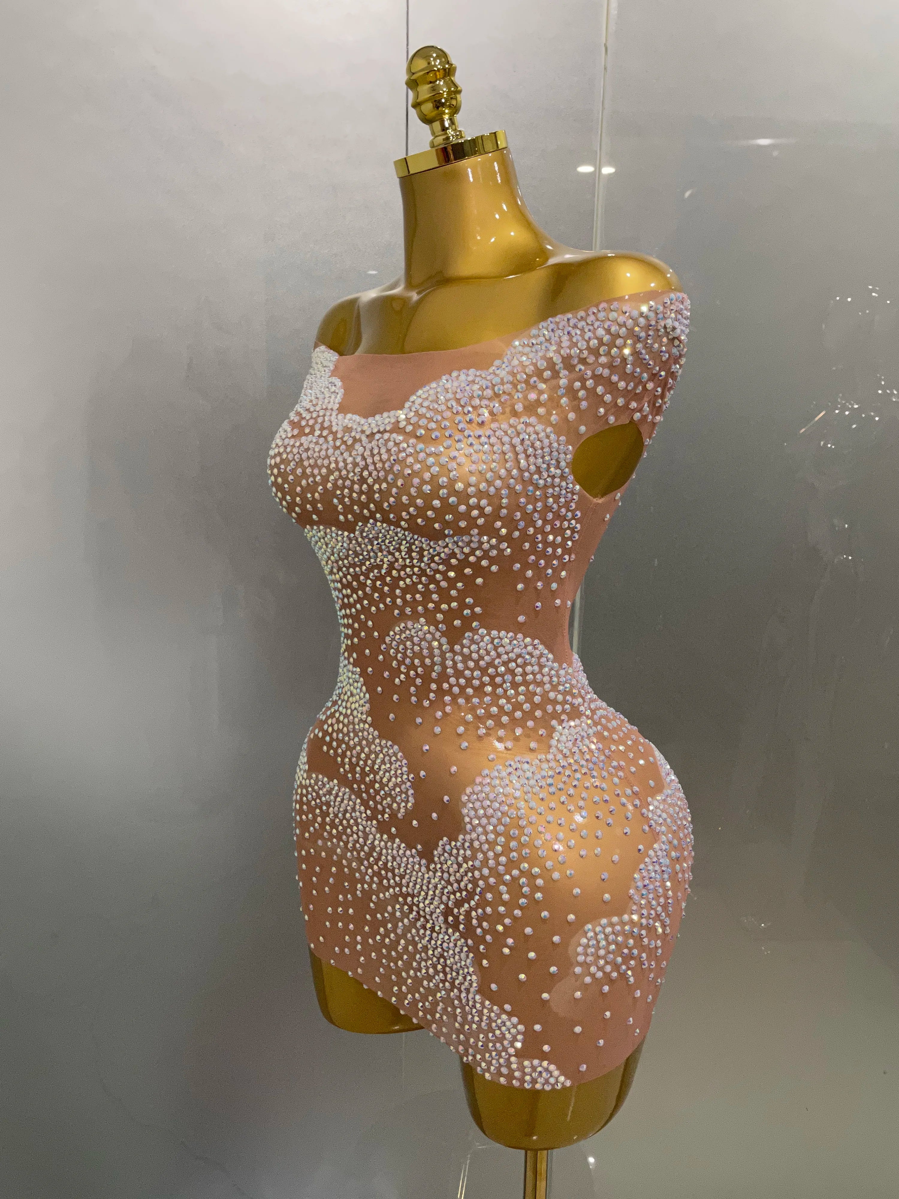 Sexy Sparkle Rhinestone Transparent Stretch Mini Dress 2025 New Women Evening Birthday Party Club Stage Performance Costume