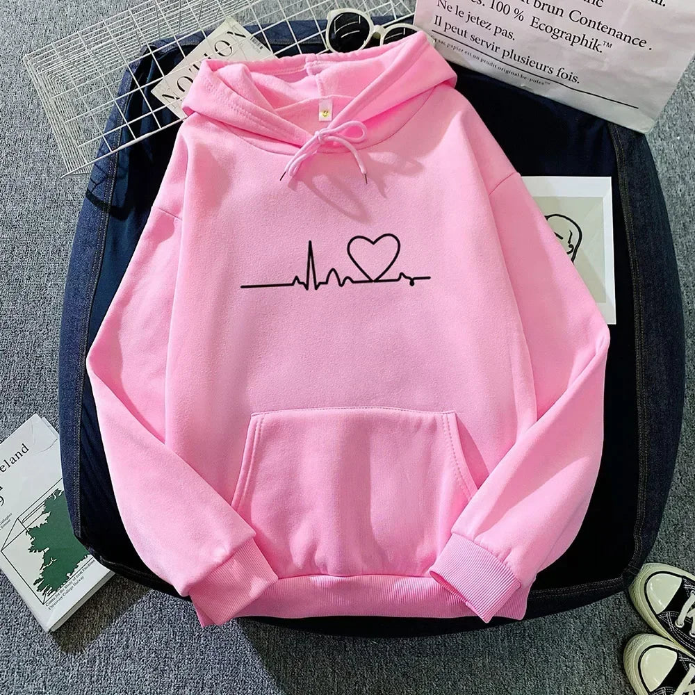 Autumn Winter Women Fleece Hoodies Thick Warm Female Long Sleeve Hooded Sweatshirts Casual Print Lady Loose Pullover Tops pink love velvet