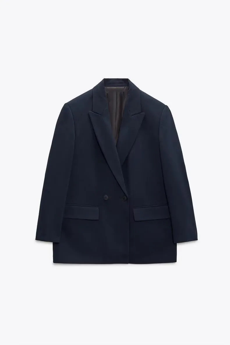 Spring/Summer Commuting Loose Leisure Fashion Suit Lapel Loose Double Breasted Blazer Navy Blue