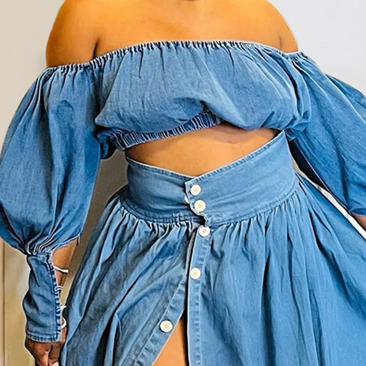 Women Denim Two Piece Set Plus Size Split Hem Off the Shoulder Elegant Puff Sleeve Elastic Top and High Waist Skirt Set Outfits