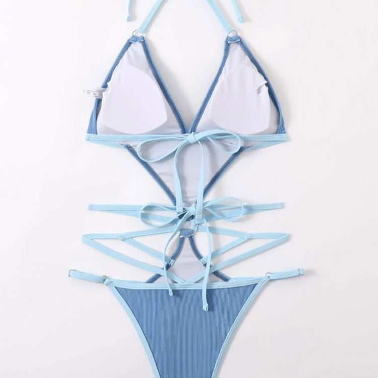 Sexy Blue Halter Swimwear String Cross Hollow One Piece Swimsuit - Monokini High Cut Backless Bathing Suit