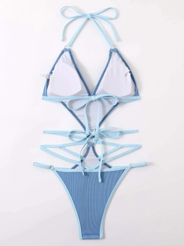 Sexy Blue Halter Swimwear String Cross Hollow One Piece Swimsuit - Monokini High Cut Backless Bathing Suit