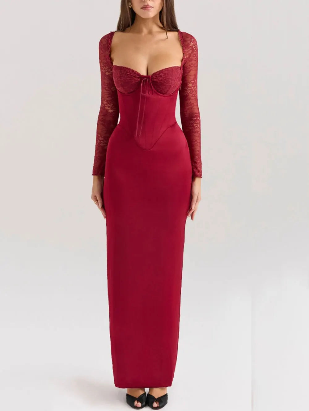 2024 Sexy Women Christmas Dress Strapless Lace Up Long Sleeved Bodycon Back Drawstring Design Long Dress Cocktail Party Vestidos Claret