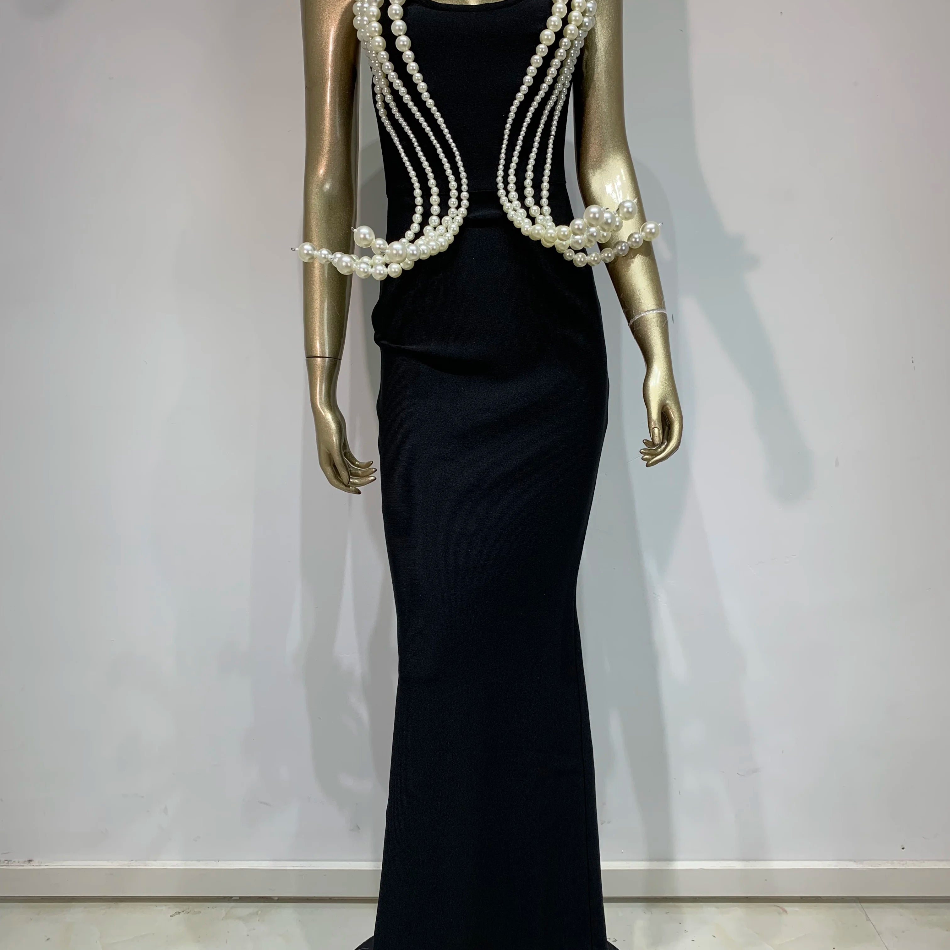 Women Celebrity Sexy Backless Strapless Black Pearl Maxi Long Bandage Bodycon Dress 2025 Elegant Evening Club Party Outfit