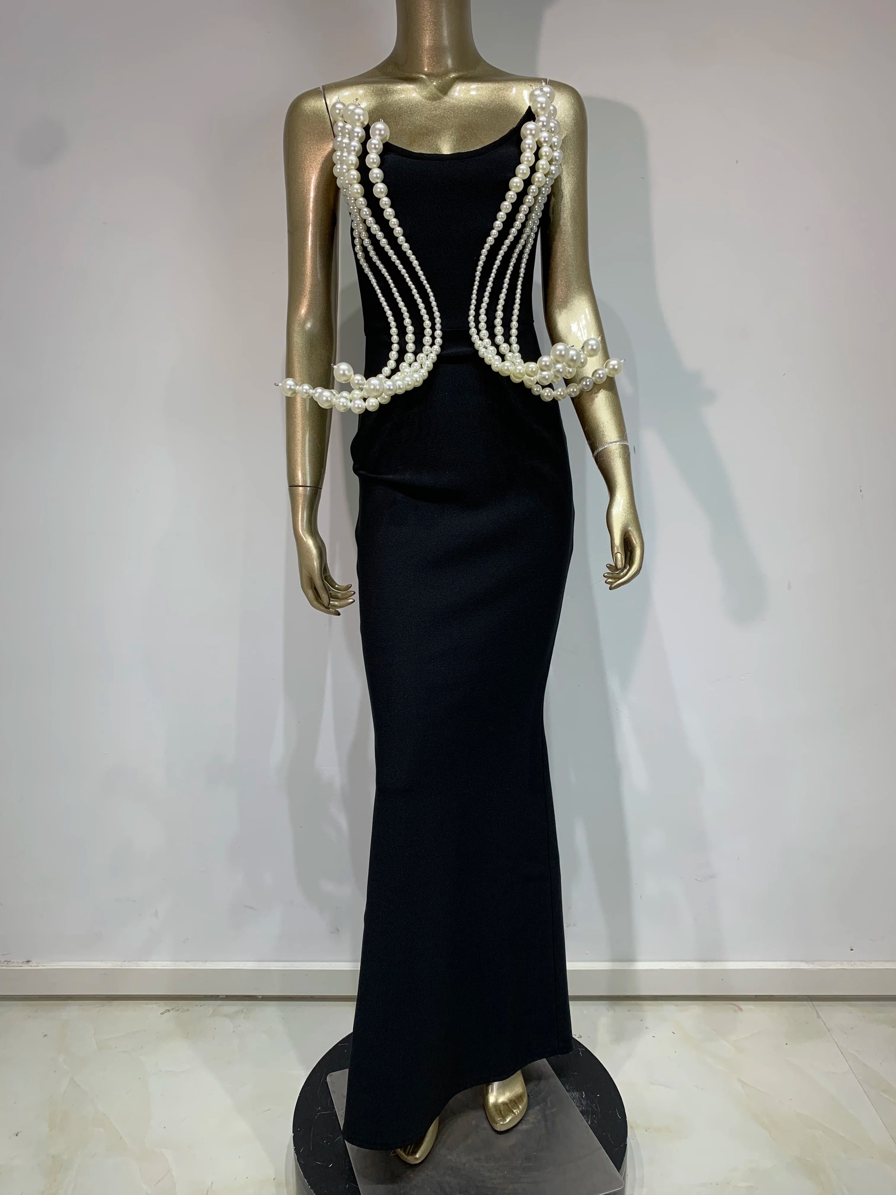 Women Celebrity Sexy Backless Strapless Black Pearl Maxi Long Bandage Bodycon Dress 2025 Elegant Evening Club Party Outfit
