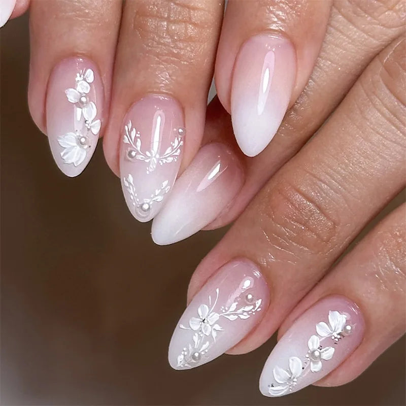 24Pcs Mid-length Almond Nails Set Press on With White Gradient Design Fake Nail Flower Pattern Reusable Finished False Nail Tip 3XB1-13084