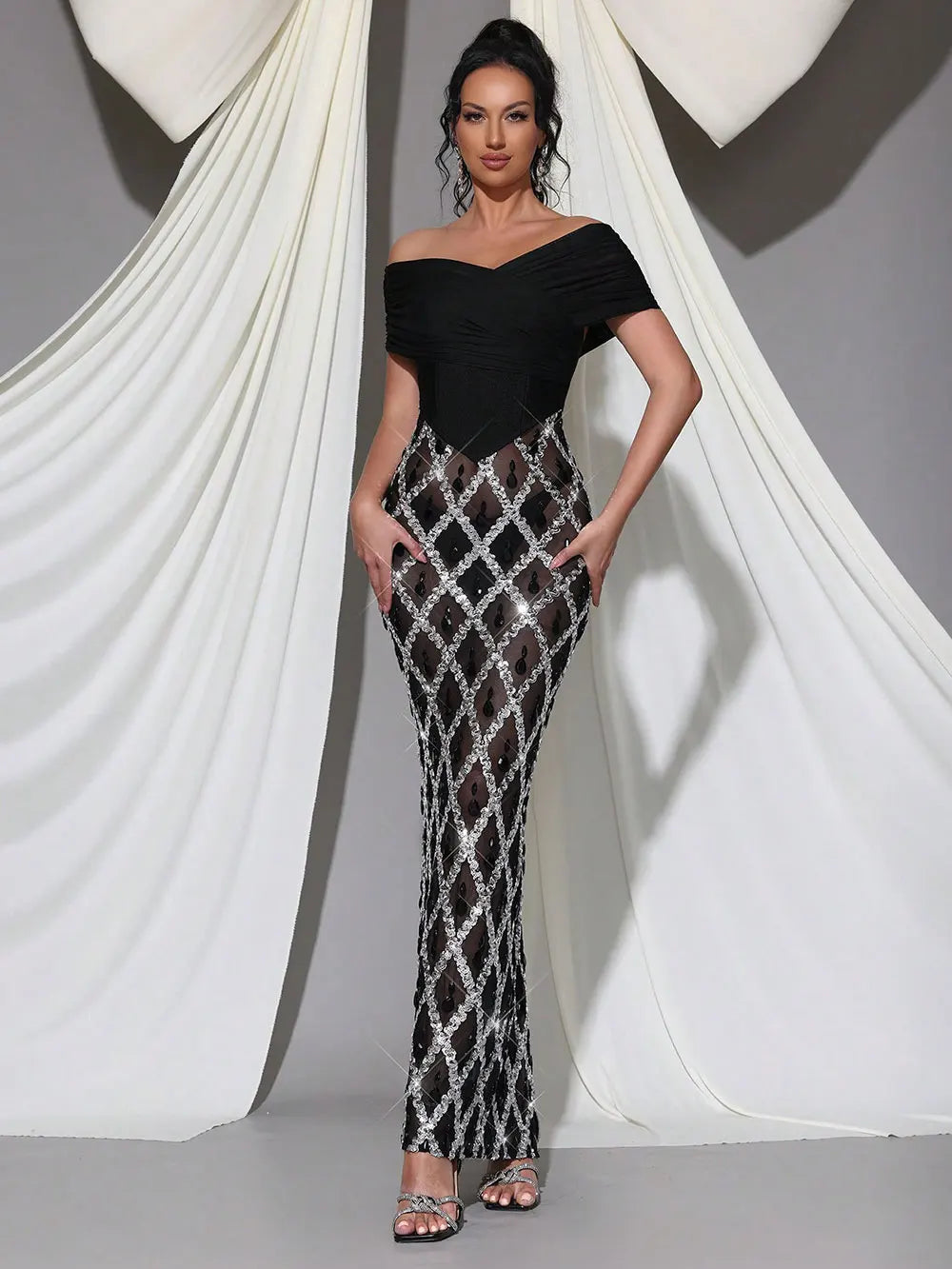 2025 Spring Sexy Women's Chiffon Patchwork Sparkle Nail Bead Long Dress V-neck Short Sleeve Bodycon Dress Cocktail Banquet Dress black