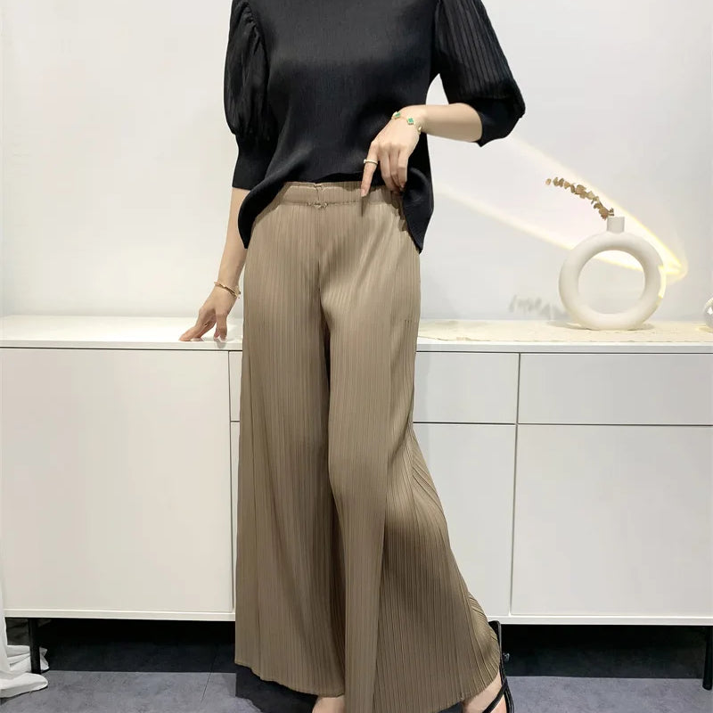 Summer Pants Women Hitching Piece Comfortable Casual New Loose Straight Pants Wide Leg High Waist Thin Pleated Pants