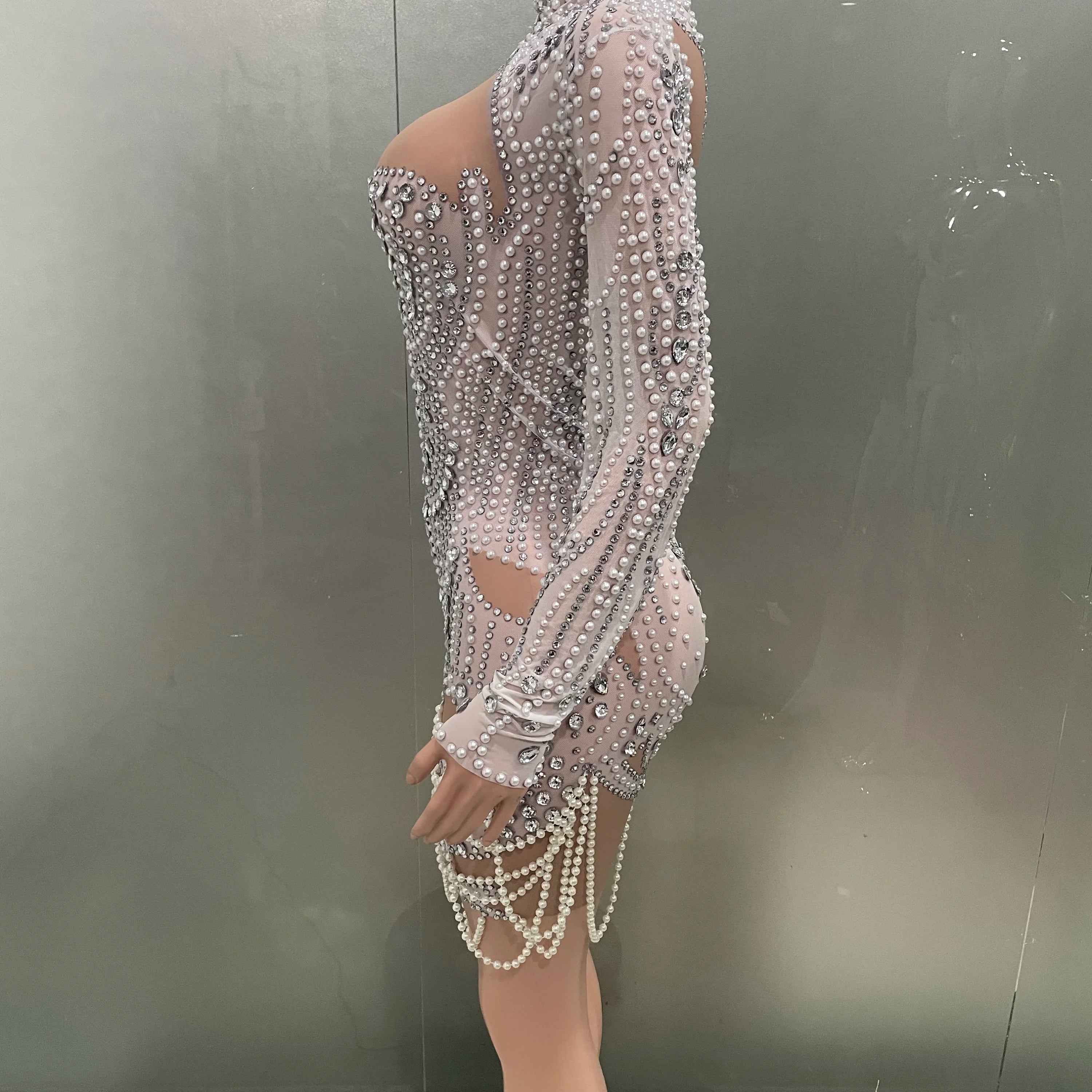 STOCK White Color Women Long Sleeve Sexy Mesh Beading Bodycon Mini Dress High Stretch Celebrate Birthday Party Dress