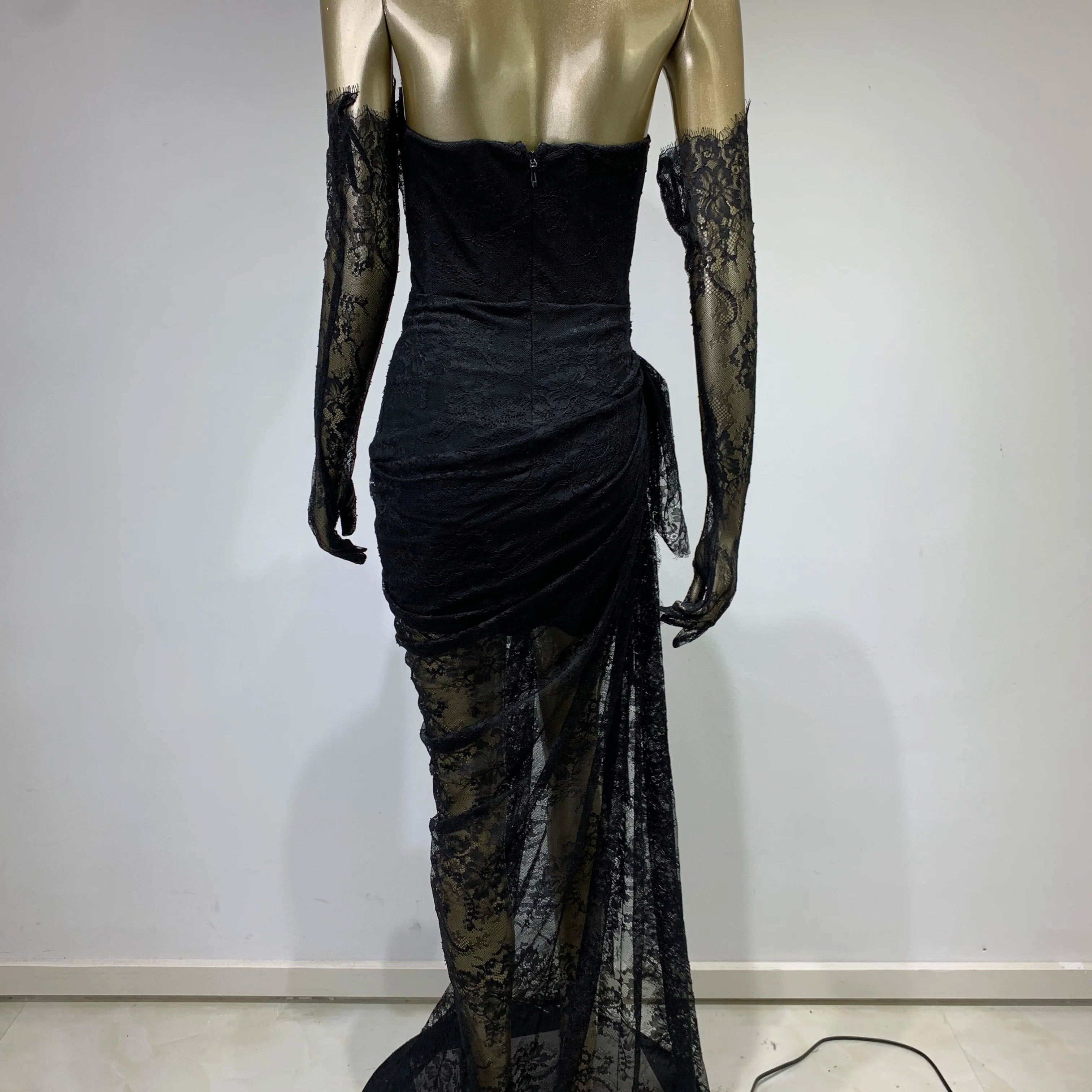 Women Summer Sexy Strapless Backless Black Lace Gloves Maxi Long Dress 2023 Elegant Evening Party Club Dress