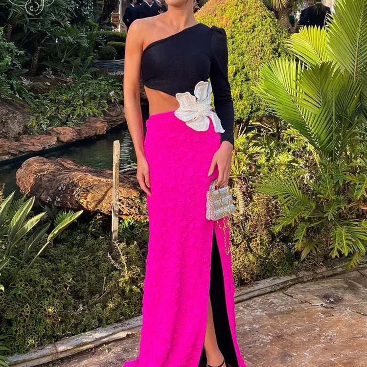 Fashion Party Dresses For Women 2023 Autumn Winter Sexy One Shoulder Long Sleeves High Waist Big Flower Decoration Gowns