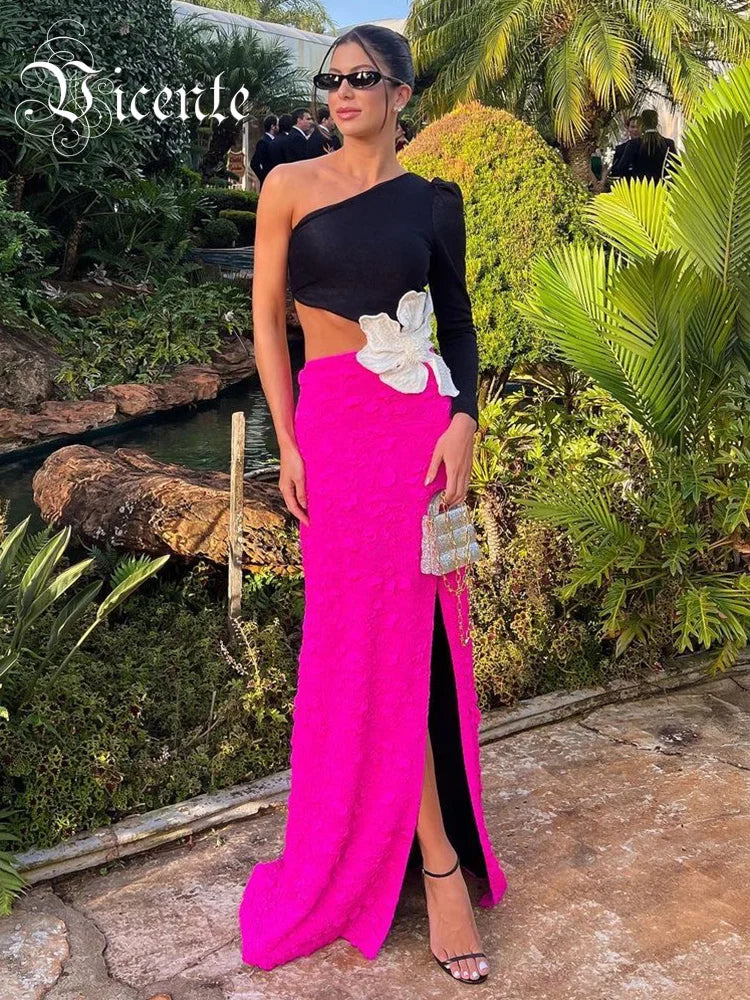 Fashion Party Dresses For Women 2023 Autumn Winter Sexy One Shoulder Long Sleeves High Waist Big Flower Decoration Gowns