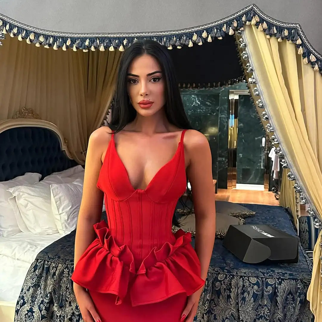 Valentine's Day Women Sleeveless V-Neck Ruffles Bodycon Long Bandage Dress Celebrate Evening Party Birthday Cocktail Dress