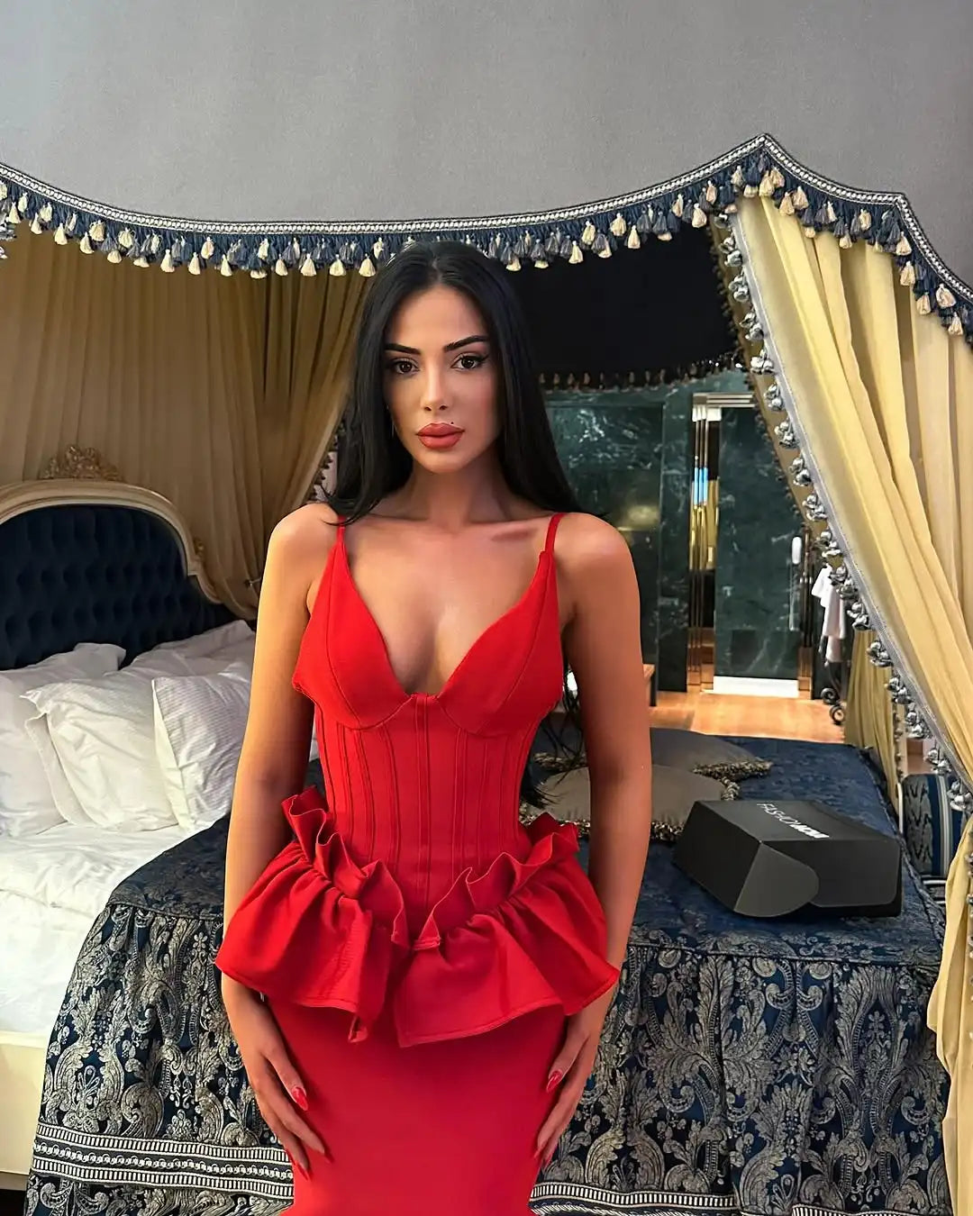 Valentine's Day Women Sleeveless V-Neck Ruffles Bodycon Long Bandage Dress Celebrate Evening Party Birthday Cocktail Dress