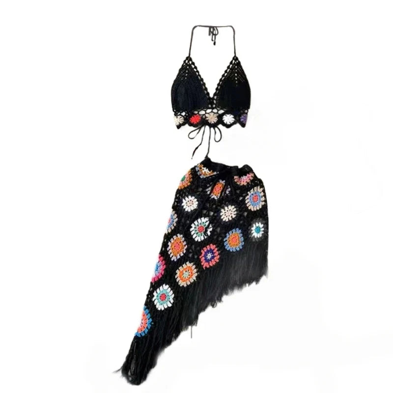 Women 2 Piece Outfit Set Boho Hollow-Out Crochet Knit Halter Bras Top and Asymmetrical Tassel Mini Skirt Beach Cover Up Black