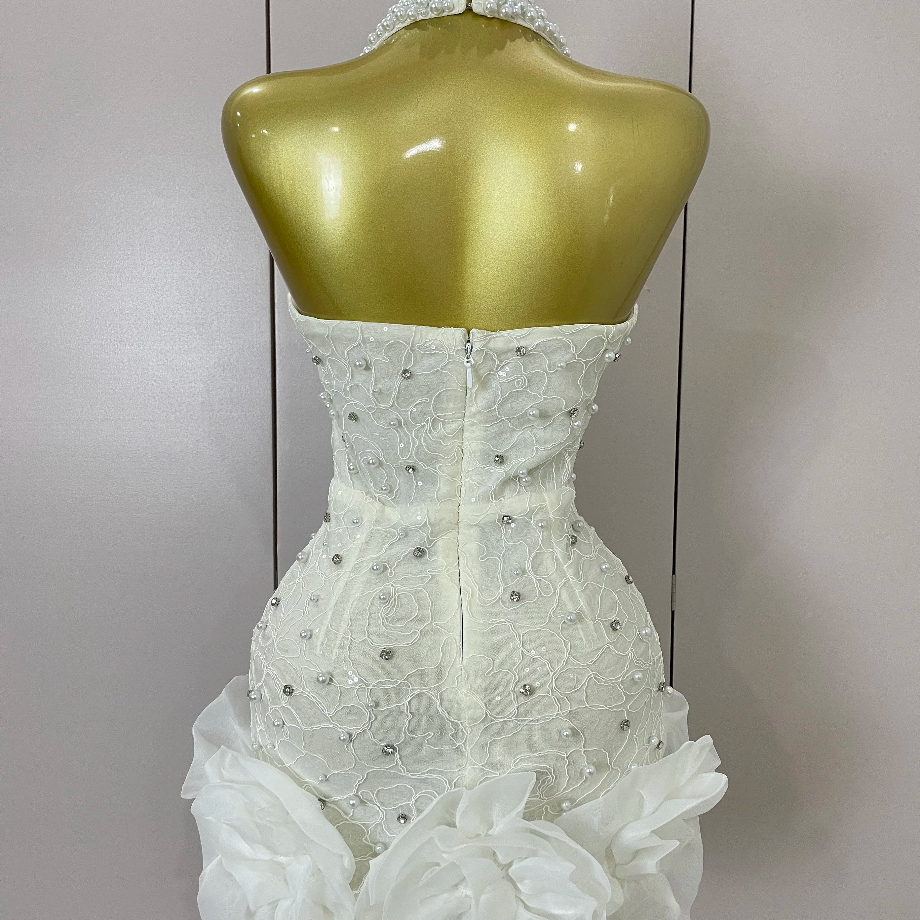 Luxury Shiny Diamonds Pearl Flowers Deep V Halter Short Dress Women Celebrate Eveing Celebrity Birthday Party Dress