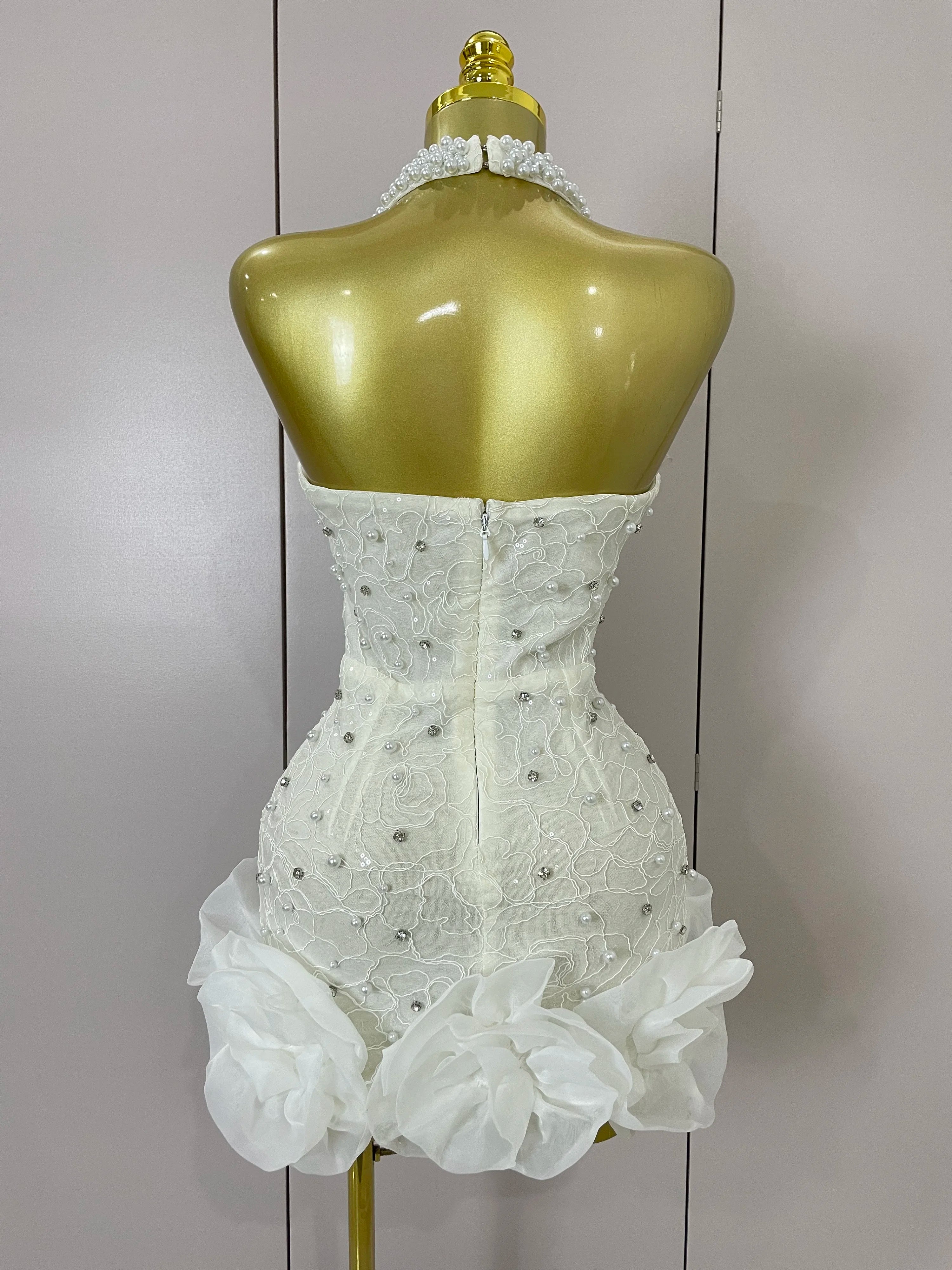 Luxury Shiny Diamonds Pearl Flowers Deep V Halter Short Dress Women Celebrate Eveing Celebrity Birthday Party Dress