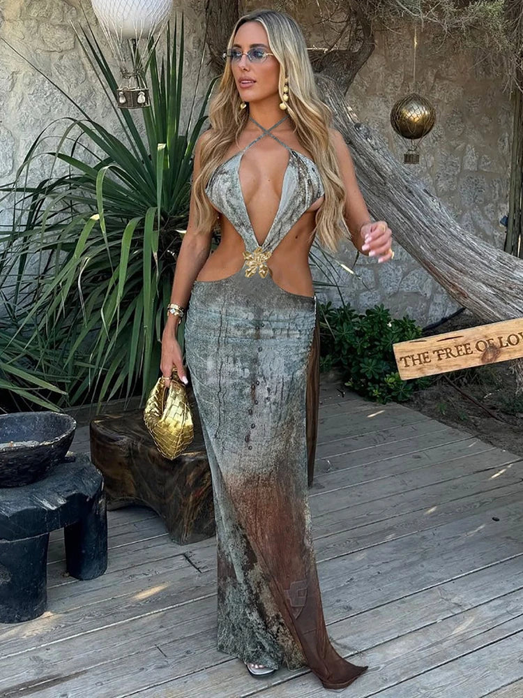 Halter Deep V Neck Print Sexy Maxi Dress For Women Gown Summer New Hollow Out Sleeveless Backless Beach Long Dress Gray