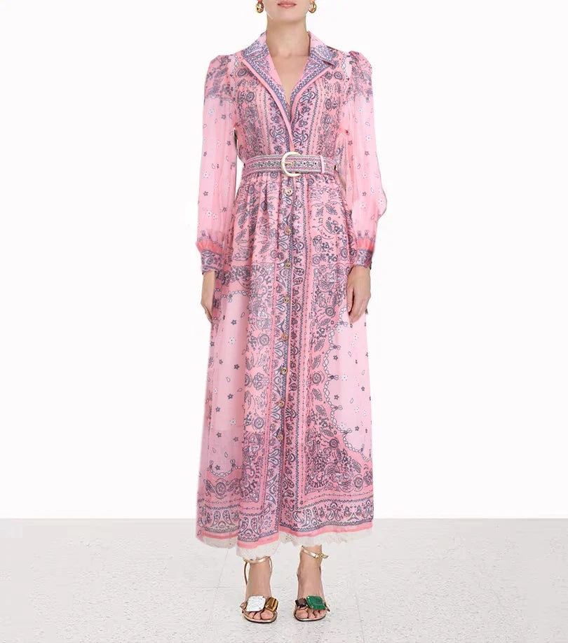 Summer Vintage For Women Printing Dresses Long Sleeve Lapel Single Breasted Chiffon Dress High Waist New Luxury Female Clothing Pink