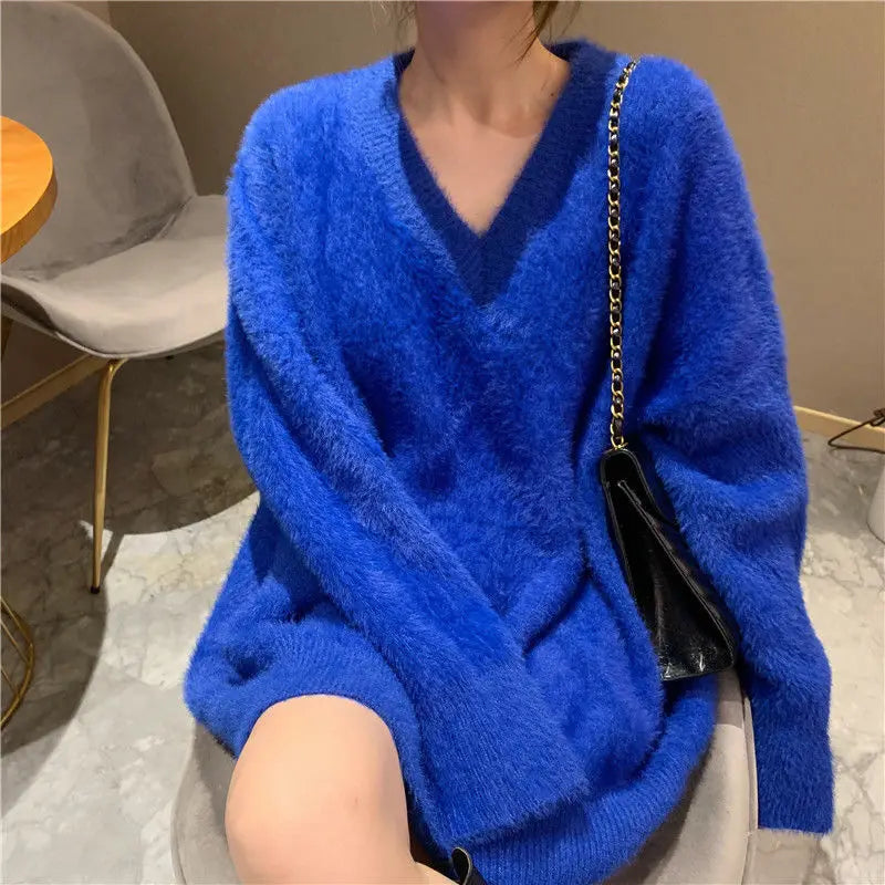 Oversized White Mink Cashmere Knitted Sweaters Loose Fit V-Neck Long Sleeve Women Pullovers Tops New Fashion Autumn Winter 2023 ROYAL BLUE