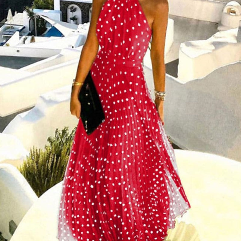 Summer Women Boho Polka Dot Print Chiffon Pleated Maxi Dress - New Femme Sleeveless Maxi Boho Vacation Outfits Lady Clothing Red
